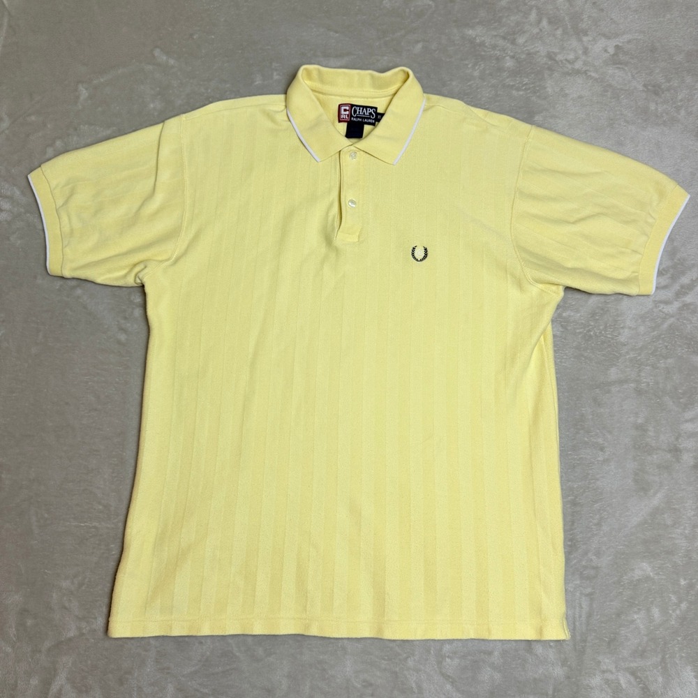 Vintage 90s Chaps Ralph Lauren Polo Shirt Men XL Yellow Herringbone Preppy Heavy